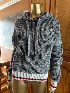 Roots Gray Knit Cowl Hoodie Sweater with Red & White Stripe Hem